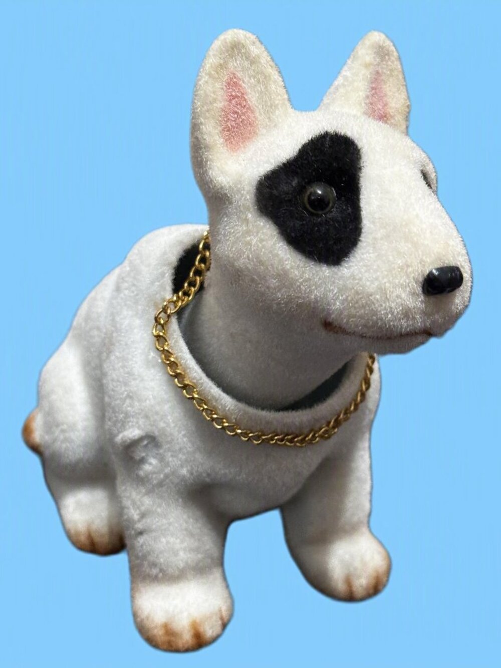 English Bull Terrier Nodder Bobble Dog Flocked Figurine, Vintage Circa 1980-90s